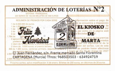 Reverso del d&eacute;cimo 91242 con el sello de la Administraci&oacute;n n&ordm; 2 &laquo;El Kiosko de Marta&raquo;, en Cartagena